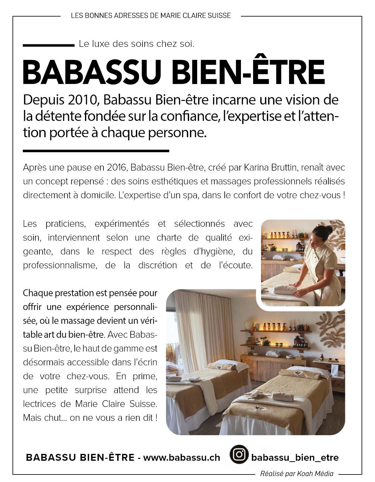 Article « Babassu Bien-être – Le luxe des soins chez soi » paru dans Marie Claire Suisse, avec deux photos de la salle de soins